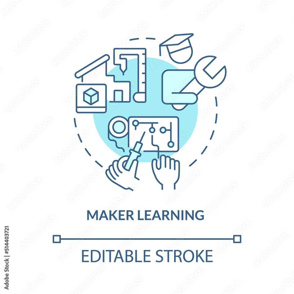Maker learning turquoise concept icon. Hand-on activities. Trend in education abstract idea thin line illustration. Isolated outline drawing. Editable stroke. Arial, Myriad Pro-Bold fonts used