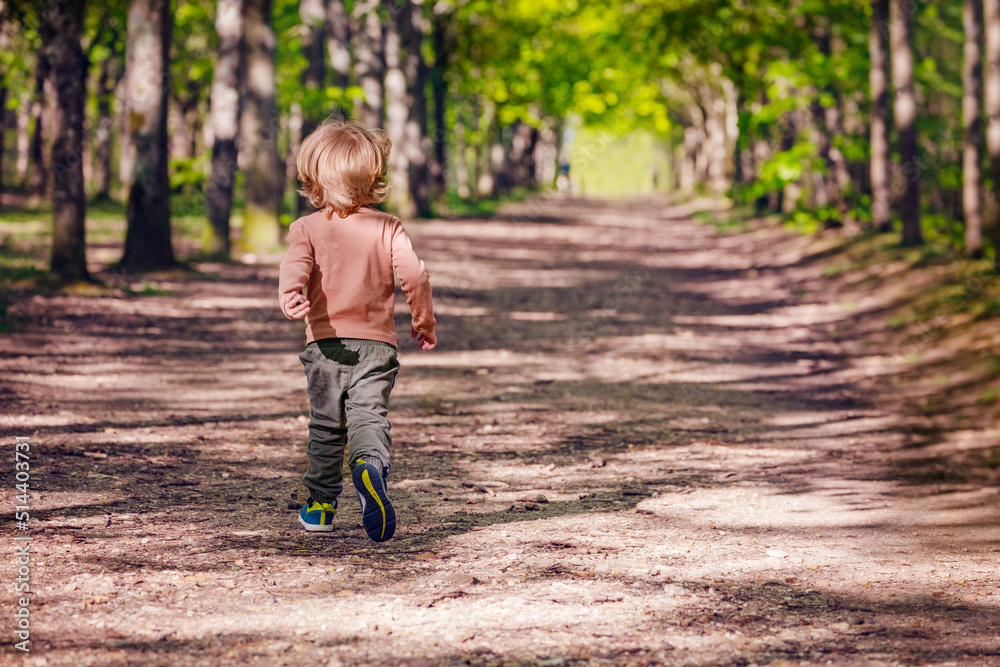 Boy run on an alley in park at summer view from behind Boy run on an alley in park at summer view from behind