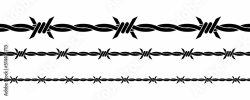 Vector illustration of barbed wire isolated on white background. Twisted barbwire seamless background. Security fence pattern. 