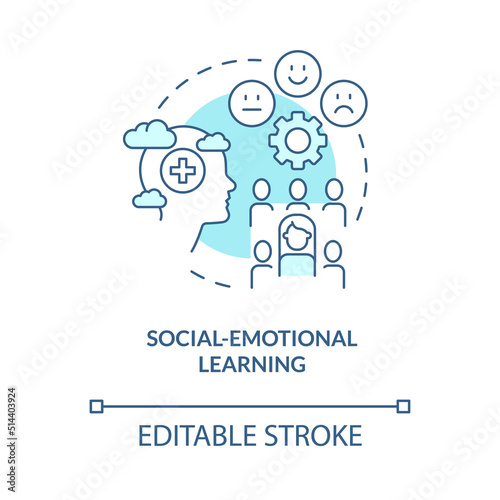 Social emotional learning turquoise concept icon. Trend in education abstract idea thin line illustration. Isolated outline drawing. Editable stroke. Arial, Myriad Pro-Bold fonts used