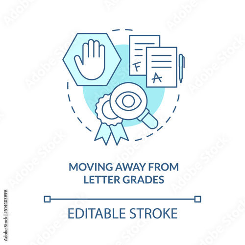 Moving away from letter grades turquoise concept icon. Trend in education abstract idea thin line illustration. Isolated outline drawing. Editable stroke. Arial, Myriad Pro-Bold fonts used