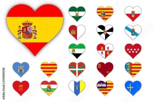 Cartel con banderas en corazones de España, comunidades autónomas y ciudades autónomas photo