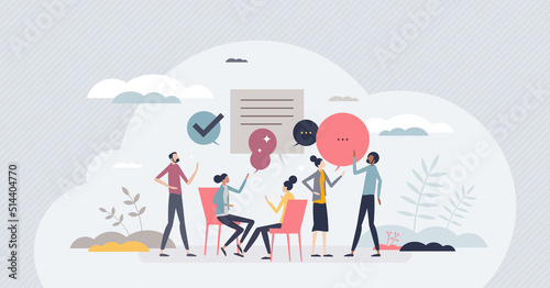 Social psychology as mind study for people interaction tiny person concept. Research and analysis of constructed people thoughts, feelings, beliefs, intentions and goals in society vector illustration