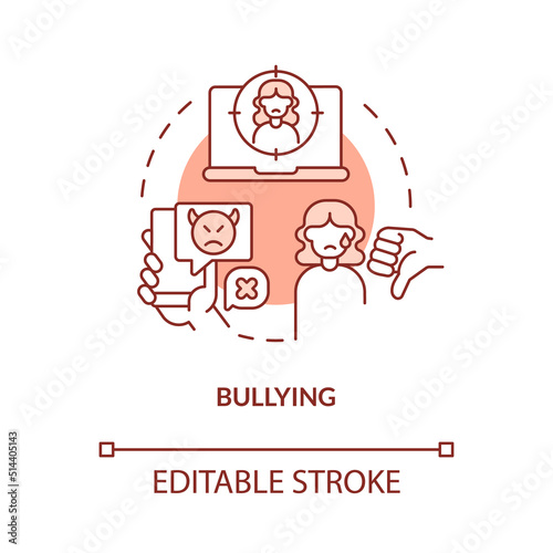 Bullying red concept icon. Cyberbullying and torment online. Public schools problem abstract idea thin line illustration. Isolated outline drawing. Editable stroke. Arial, Myriad Pro-Bold fonts used