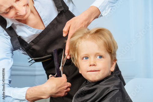 Blond boy get haircut at barbershop by professional hairstylist