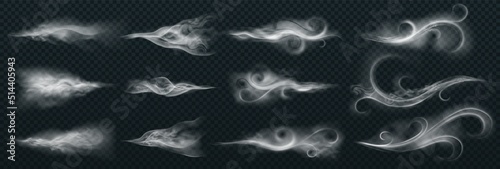 Realistic wind trails. Dust spray and smoky stream and wind blowing trails, smoky stream. Flow curved shapes vector illustration set. Air fog or blast isolated collection, flying smoke.