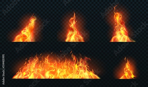 Realistic flame. Hot fireball warm furnace fire blazing effect abstract torch red flames flaming isolated fireplace vector collection. Hot fire. Vector realistic elements set for design.