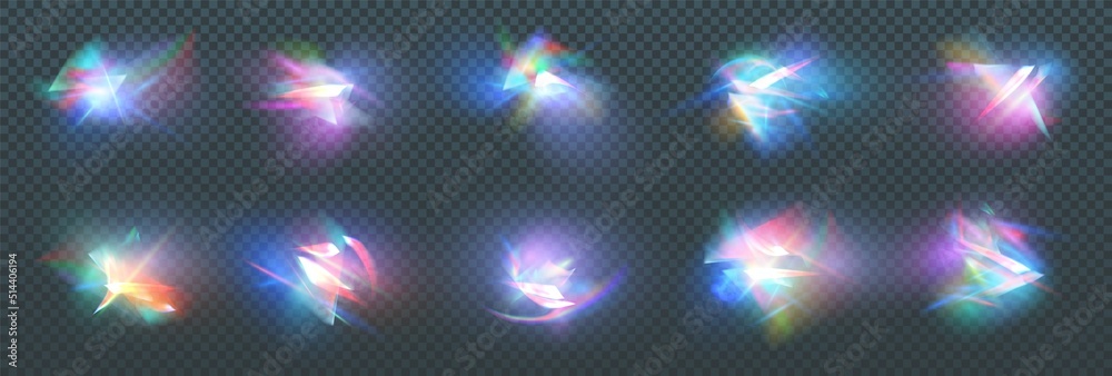 Rainbow crystal light leak flare reflection effect. Vector illustration set. Colorful optical rainbow lights beam lens flare leak overlay streaks on transparent dark background.