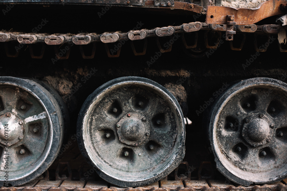 Destroyed and burned russian armored military vehicle close up