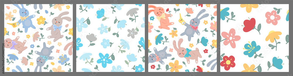 Fototapeta premium Set of seamless patterns of flowers and rabbits. Cute baby illustrations.