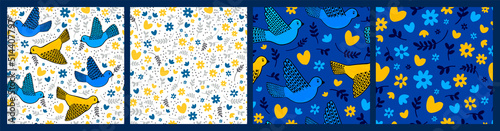Set of seamless patterns of doves of peace and flowers. Hand-drawn illustrations.