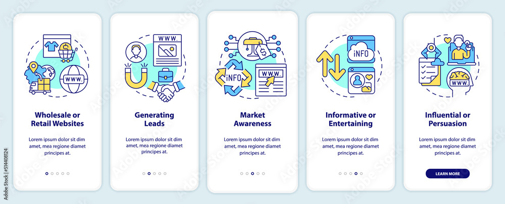 Categories of websites onboarding mobile app screen. Market awareness walkthrough 5 steps editable graphic instructions with linear concepts. UI, UX, GUI template. Myriad Pro-Bold, Regular fonts used