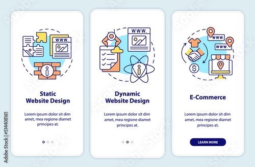 Types of website design onboarding mobile app screen. Static, dynamic walkthrough 3 steps editable graphic instructions with linear concepts. UI, UX, GUI template. Myriad Pro-Bold, Regular fonts used