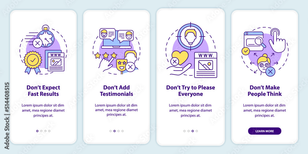 Creating website donts onboarding mobile app screen. Expectations walkthrough 4 steps editable graphic instructions with linear concepts. UI, UX, GUI template. Myriad Pro-Bold, Regular fonts used