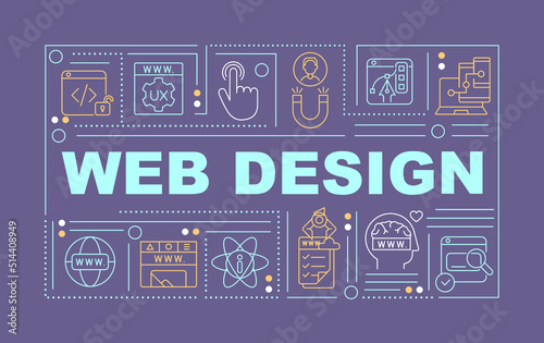 Web designing word concepts dark purple banner. Website development. Infographics with editable icons on color background. Isolated typography. Vector illustration with text. Arial-Black font used
