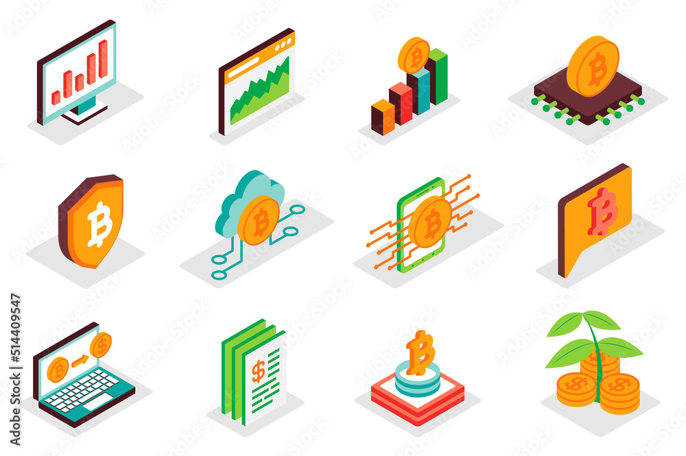 Cryptocurrency concept 3d isometric icons set. Pack isometry elements of bitcoin, blockchain, trends analysis, statistics, money exchange, mining and other. Illustration for modern web design Cryptocurrency concept 3d isometric icons set. Pack isometry elements of bitcoin, blockchain, trends analysis, statistics, money exchange, mining and other. Illustration for modern web design