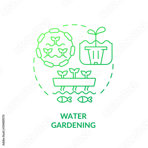 Water gardening green gradient concept icon. Aquatic garden. Pond plants. Aquaculture. Gardening type abstract idea thin line illustration. Isolated outline drawing. Myriad Pro-Bold font used