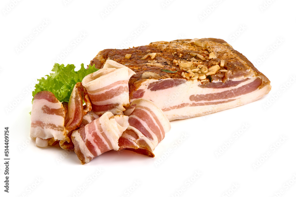Homemade Bacon, dry cured and air dried, pork belly, smoked pork meat, delicacy food in Ukrainian cuisine, isolated on white background. Homemade Bacon, dry cured and air dried, pork belly, smoked pork meat, delicacy food in Ukrainian cuisine, isolated on white background.