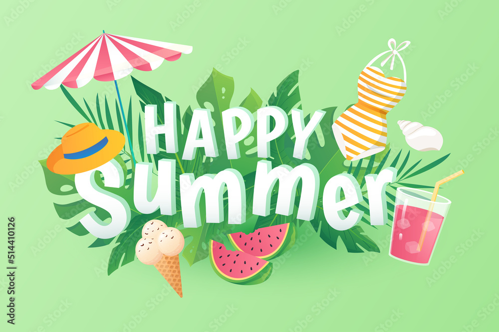 Naklejka premium Happy summer background in flat cartoon design. Wallpaper with text and composition of umbrella, hat, ice cream, watermelon, swimsuit, green leaves. Illustration for poster or banner template