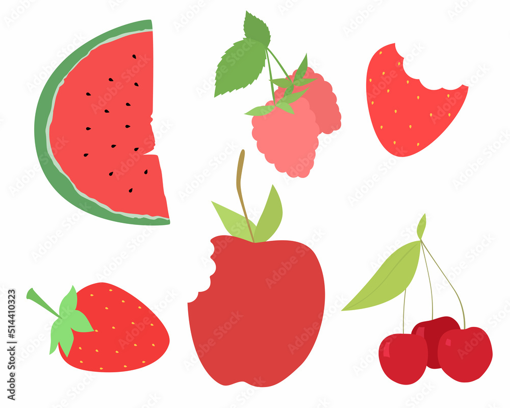 Set of vector images of different fruits. Designer drawing of colorful fruits: apple, strawberry, watermelon, cherry, raspberry Set of vector images of different fruits. Designer drawing of colorful fruits: apple, strawberry, watermelon, cherry, raspberry