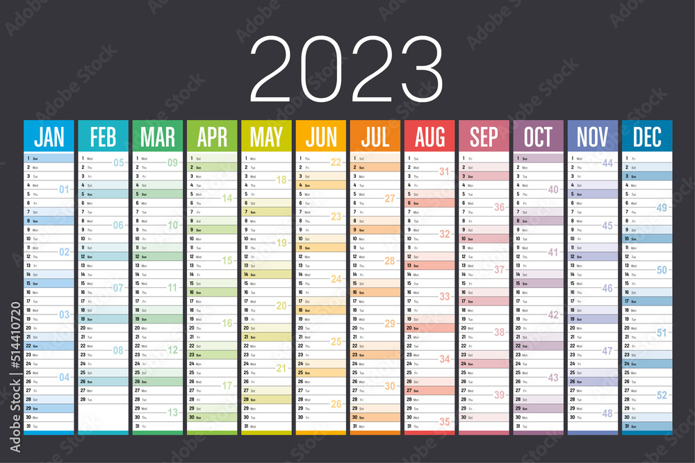 Year 2023 colorful calendar on dark background. Vector template. - obrazy, fototapety, plakaty 