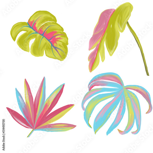 Fototapeta Naklejka Na Ścianę i Meble -  Set of hand drawn colorful tropical leaves 