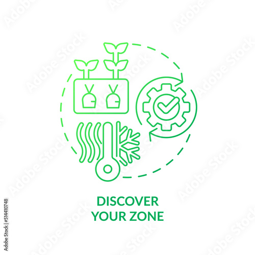 Discover your zone green gradient concept icon. Climatic condition. Growing plants. Gardening tip abstract idea thin line illustration. Isolated outline drawing. Myriad Pro-Bold font used photo