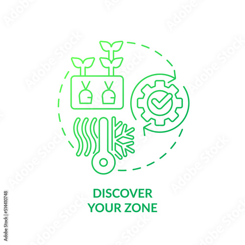 Discover your zone green gradient concept icon. Climatic condition. Growing plants. Gardening tip abstract idea thin line illustration. Isolated outline drawing. Myriad Pro-Bold font used