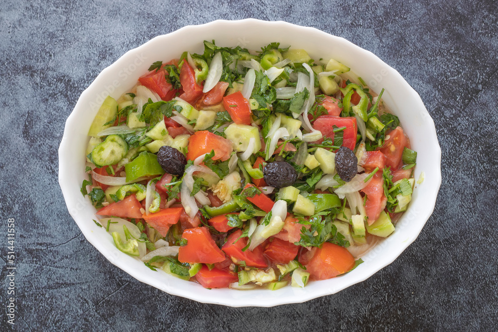 Turkish Shepards Salad with cucumber, tomato, red onion, pepper, parsley (Turkish name; kasik salata)