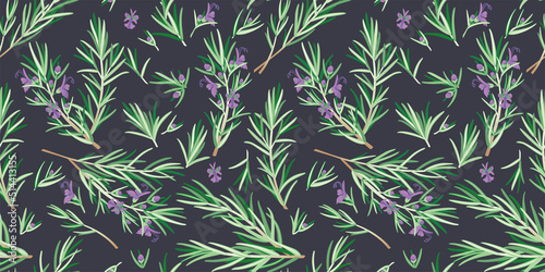 Seamless pattern with rosemary flowers and blossom. Original  hand-drawn background. Ideal for packaging  fabric  baby products  tea  healthcare  etc. Herbs Rosemary  Rosemarinus. Summer herb pattern.