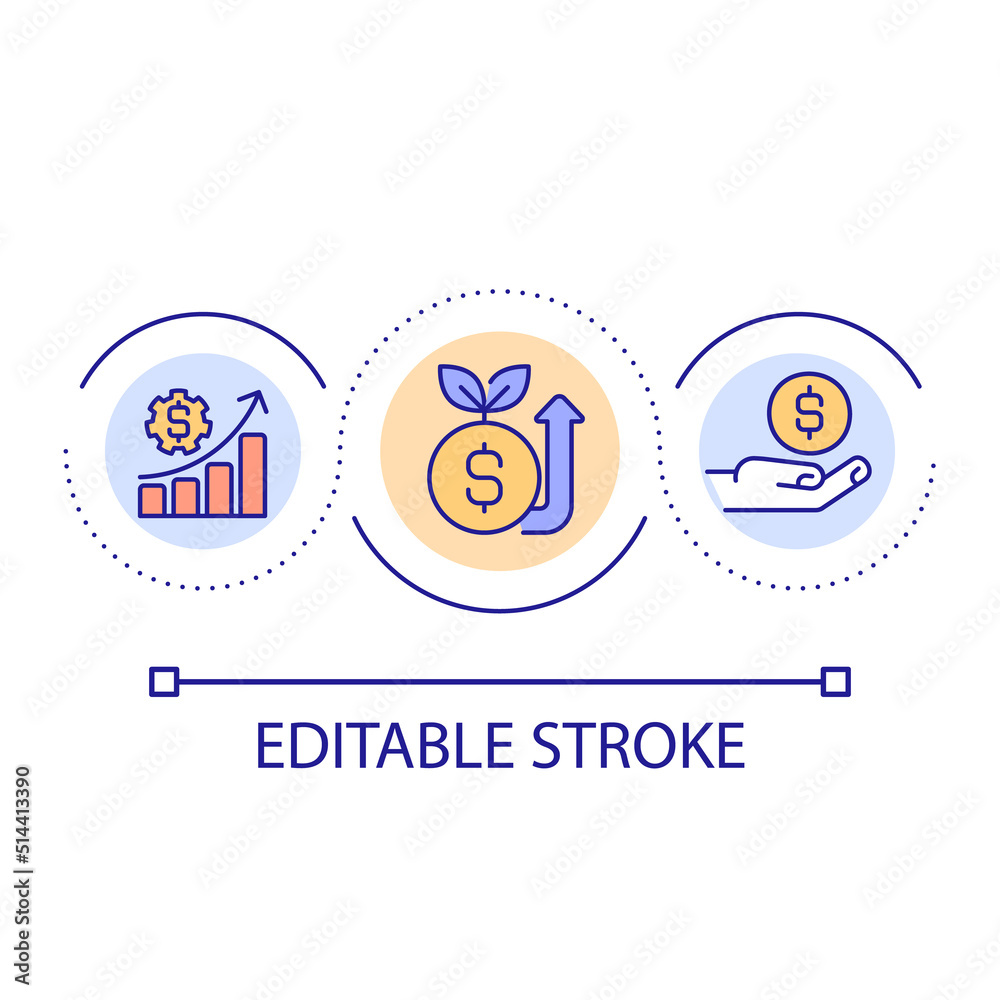 Driving financial growth loop concept icon. Investment plan abstract idea thin line illustration. Personal finances. Funding opportunities. Isolated outline drawing. Editable stroke. Arial font used