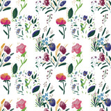 Seamless pattern with wildflowers on watercolor paper background.