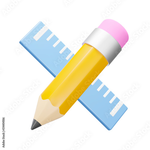 Drawing, Blueprinting 3d icon. Pencil and ruler. Isolated object on a transparent background