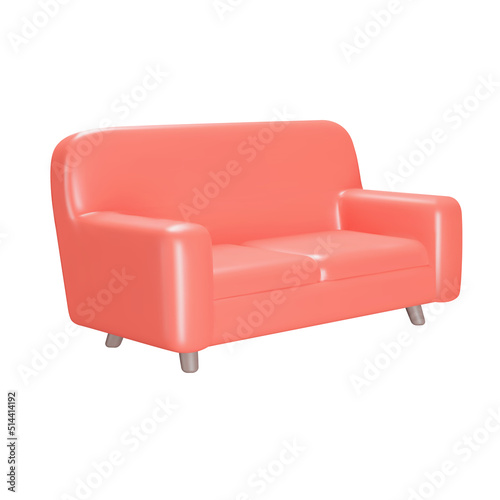Couch 3d icon. red lounge sofa. Isolated object on a transparent background
