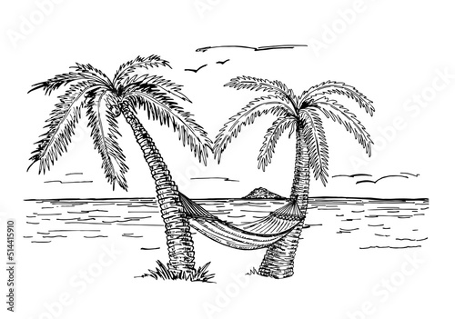 A hammock hanging in the middle of two palms. Concept of summer holidays, rest. Background of tropical trees and sea. Downshifting. Hammock between palm trees sketch. Isolated on white background.
