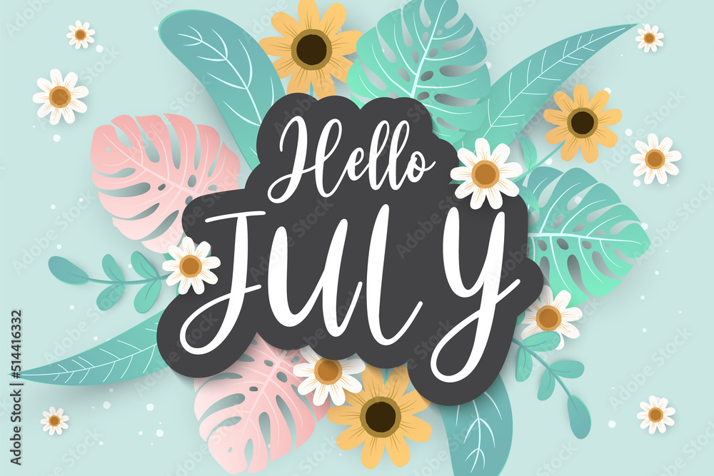 Hello july greetings with soft background design - obrazy, fototapety, plakaty 