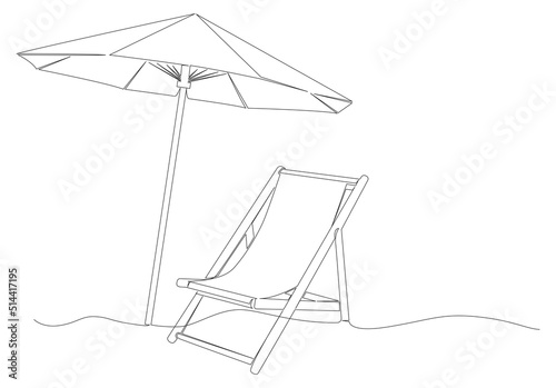 sinlge line drawing of parasol and beach chair isolated on white background, line art vector illustration
