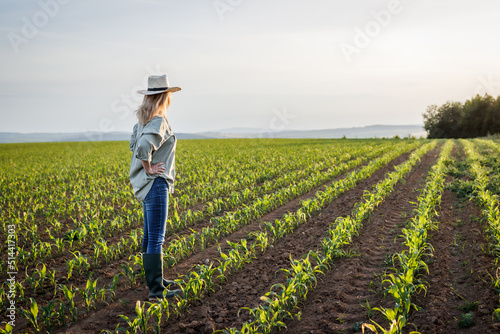 Satisfied female farmer is looking at corn field in cultivated land. Woman with straw hat standing in agricultural field photo