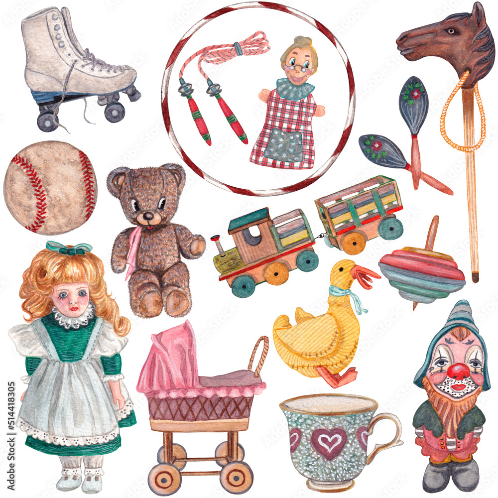 Retro toys set, watercolor vintage toys isolated illustrations, old