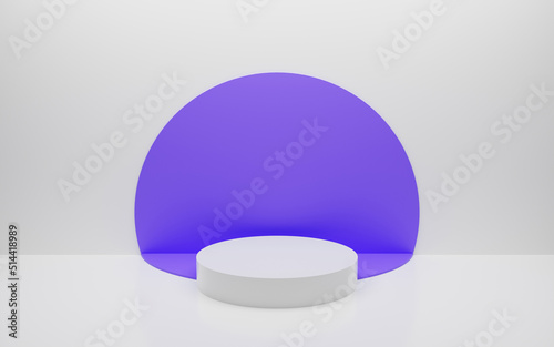 Abstract minimal empty podium with circle details on the wall. Empty room concept with half semi circle on natural lighting. Rendering 3d shape, product display presentation. Futuristic wall scene. © prehistorik
