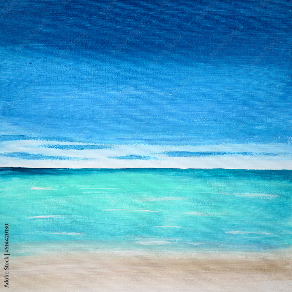 Azure clear ocean, white sand, calm water. Drawing of bright blue sky over the sea. Picture contains interesting idea, evokes emotions, aesthetic pleasure. Canvas stretched on a stretcher, oil paints Azure clear ocean, white sand, calm water. Drawing of bright blue sky over the sea. Picture contains interesting idea, evokes emotions, aesthetic pleasure. Canvas stretched on a stretcher, oil paints