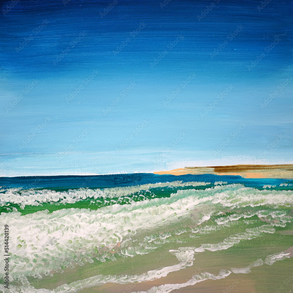 Obraz premium Drawing of bright blue sky over the sea, ocean. Picture contains interesting idea, evokes emotions, aesthetic pleasure. Canvas stretched on stretcher, oil natural paints. Concept art painting texture