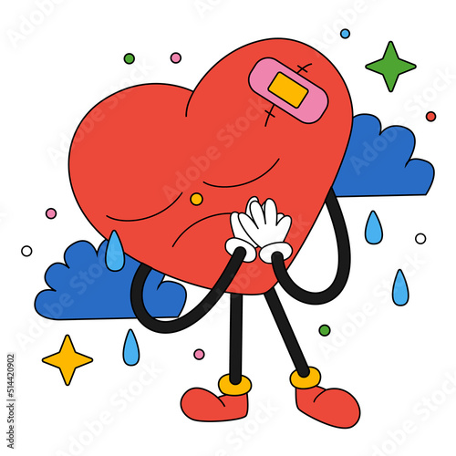 Hand drawn trendy cartoon vector illustration Broken heart heart hurts crying