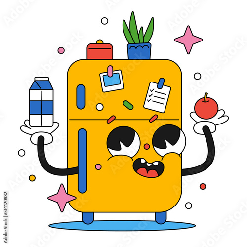 Hand drawn trendy cartoon vector illustration happy funny fridge hold milk and apple with face