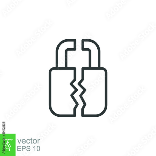 Broken lock line icon. Simple outline style. Unlock, crack, padlock, break, free, chain, code, security, fail, technology concept. Vector design illustration isolated on white background. EPS 10
