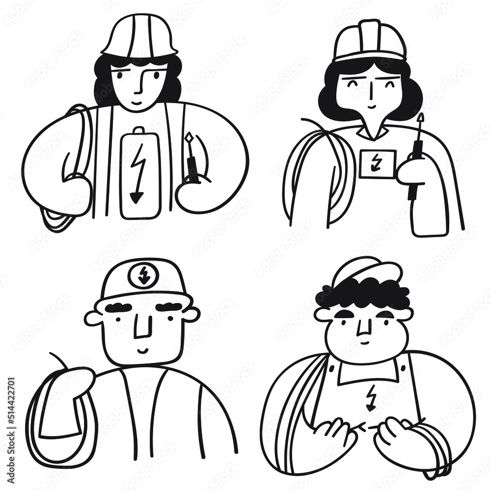 Set of outline icons. Electricians.  Illustrations on white background.