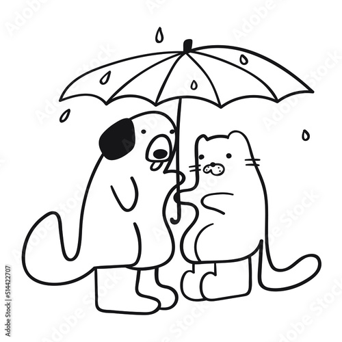 Cat and dog stand under umbrella. Rain falling. Outline vector illustration on white background.