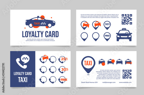 Taxi transportation service loyalty card template set vector illustration. City travel bonus collect
