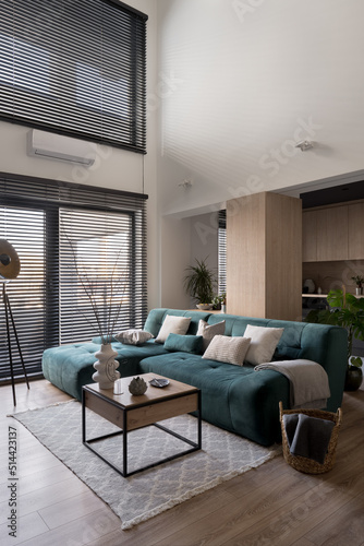 Modern loft style living room with big sofa