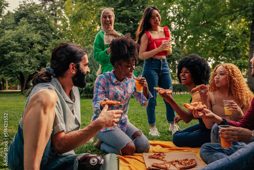 Friends having picnic with pizza and drinks in park